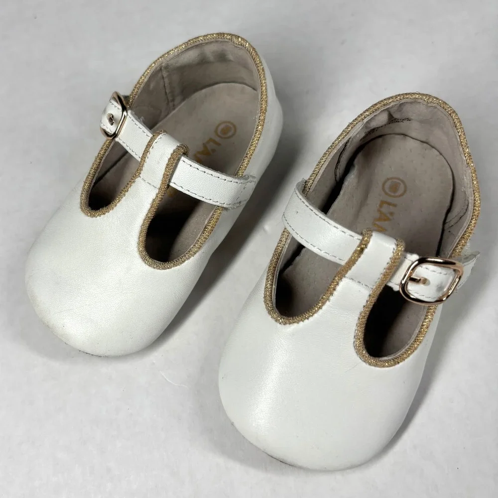 L'Amour White‎ Leather T-Strap Toddler 4 Shoes Gold Glitter Trim 3533 GUC